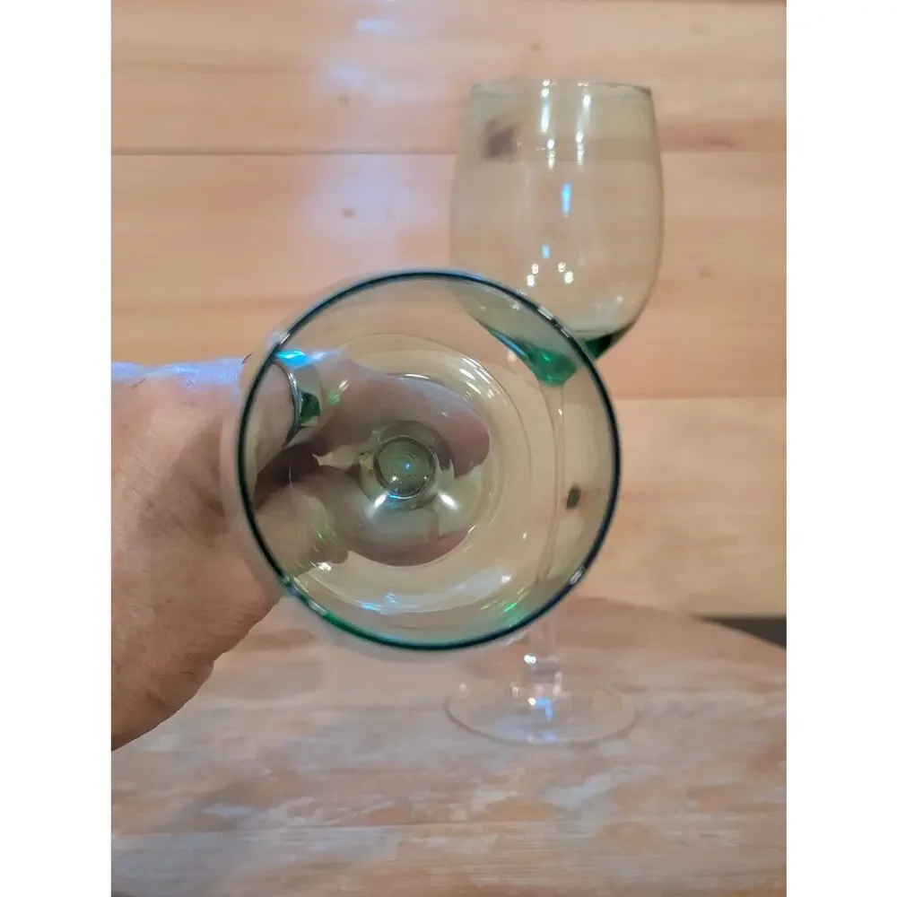 Vintage Green Bowl Clear Stem Wine Glasses Set of 2 Tall 9.25